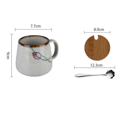 380ml Japanese Retro Style Coffee Mug With Handle Ceramic Breakfast Oats Milk Cups Home Teacup Water Mug With Lid And Spoon Gift