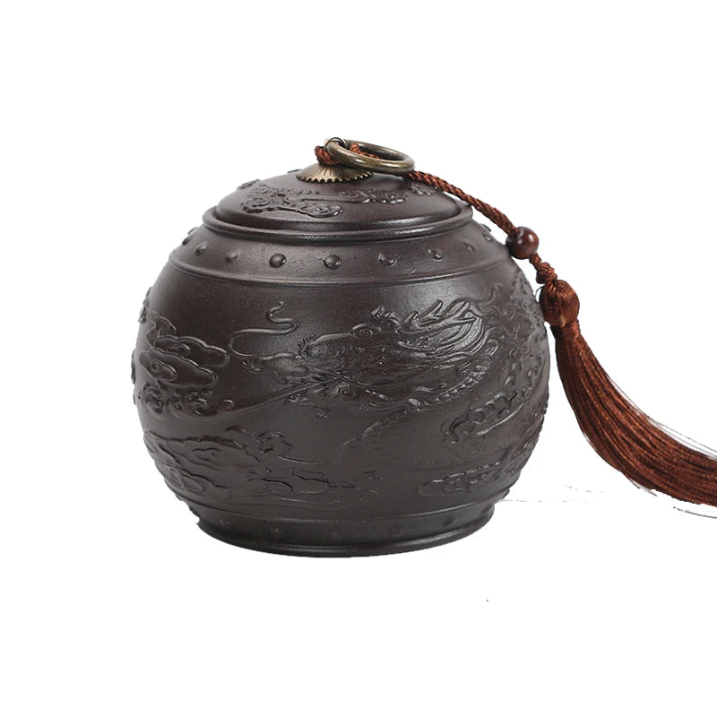 Vintage Purple Clay Tea Caddy Large Round Ceramic Storage Tank Sealed Pu'er Tea Box Dragon Series Tea Container Jars With Tassel