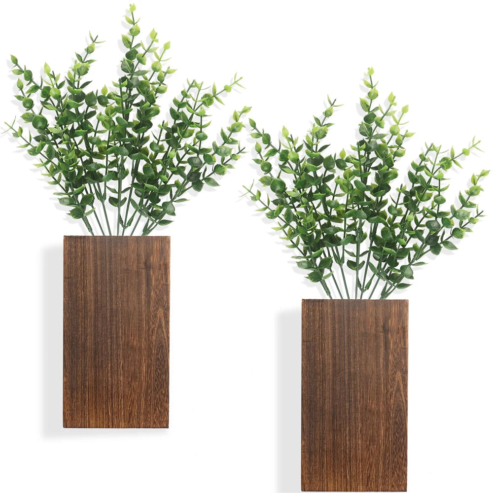 2 Pack Wood Wall Planter Vase with Artificial Eucalyptus Farmhouse Wall Hanging Planter for Dried Flowers in Living Room Bedroom
