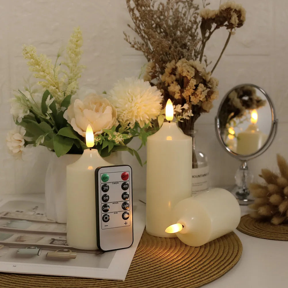 3Pcs Flameless Candle Flickering with Remote Timer 3D Wick Battery Operated LED Candles for Wedding Halloween Christmas Decor