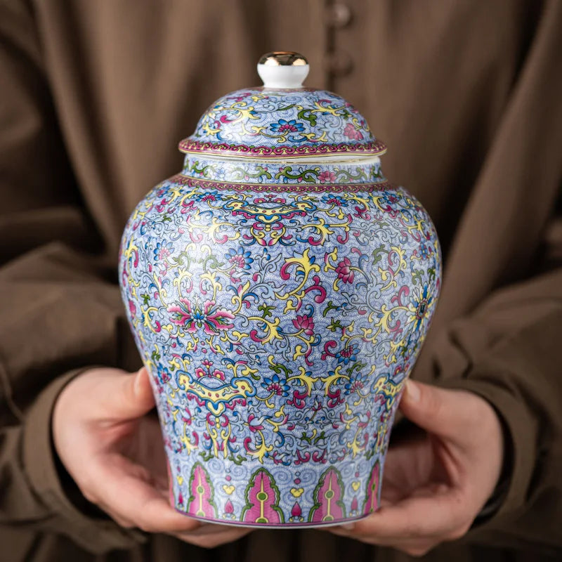 European Style Colored Ceramic Tea Caddy Large Sealed Candy Jar Tabletop Flower Vase Household Coffee Beans and Nuts Storage Box