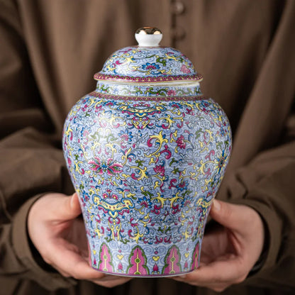 European Style Colored Ceramic Tea Caddy Large Sealed Candy Jar Tabletop Flower Vase Household Coffee Beans and Nuts Storage Box