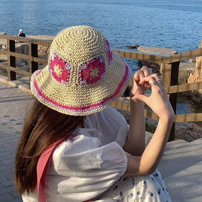 المرأة زهرة المنسوجة يدويا دلو صياد قبعة السيدات المألوف القش الشاطئ عادية بلون مهنة الصيف الشمس S المضادة للأشعة فوق البنفسجية