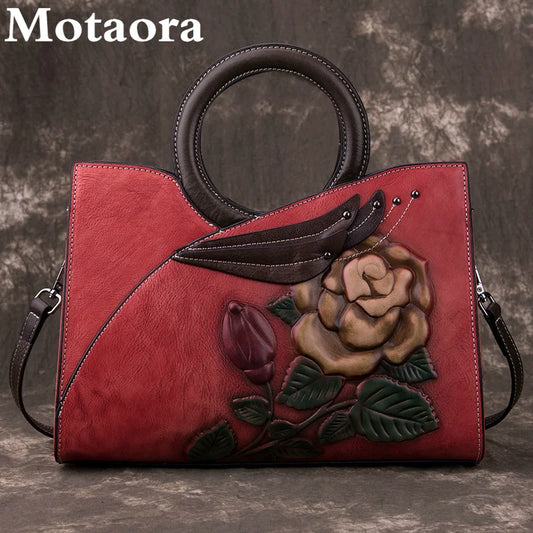 Motaora Damenbeutel Neue Luxus Frauen echte Leder Handtasche Retro Blumenhandwerk für weibliche Modemessengertasche