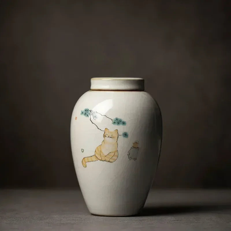 Retro Ru Kiln Ceramics Tea Caddy Cute Cat Pattern Portable Sealed Tea Leaf Containers Travel Tea Bag Storage Box Spice Organizer