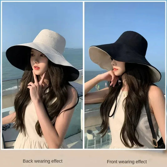 Lente zomer Nieuwe grote brede runder dames emmer hoed effen kleur opvouwbare uv bescherming buiten strand panama cap zon hoeden