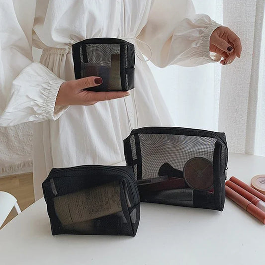 Nieuwe mesh transparante cosmetische zakken kleine grote heldere zwarte make -uptas draagbare reis toilethozry organisator lippenstiftopslagzakje