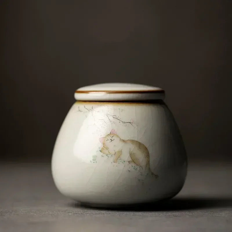 Retro Ru Kiln Ceramics Tea Caddy Cute Cat Pattern Portable Sealed Tea Leaf Containers Travel Tea Bag Storage Box Spice Organizer