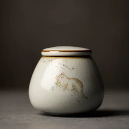 Retro Ru Kiln Ceramics Tea Caddy Cute Cat Pattern Portable Sealed Tea Leaf Containers Travel Tea Bag Storage Box Spice Organizer
