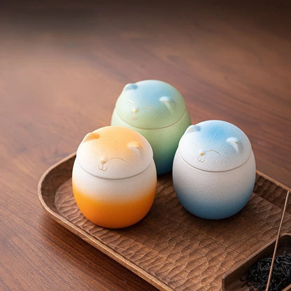 Fortune Cat Tea Canister Handmade Ceramic Gradient Color Tea Canister Sealing Jar Home Moisture Small Tea Warehouse