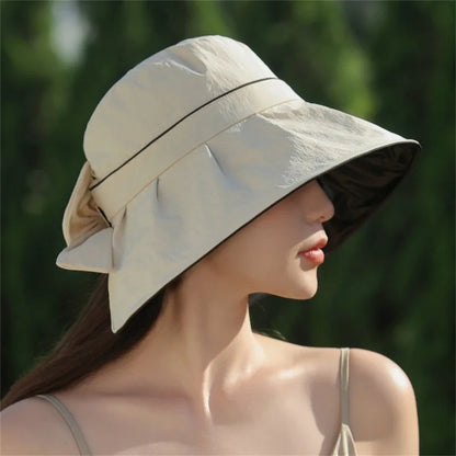 Sun Hat with UV Protection, Wide Brim, Korean Version, Sweet, Sun Hat for Women in Summer, Sunscreen and Versatile, Bowknot Hat