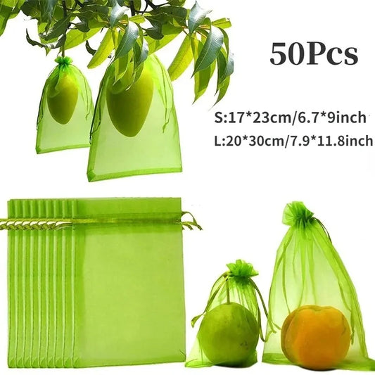 50pcs pacote orgânica organza prato de jardim de cordão à prova de pássaro de fruta saco de malha de fruta bolsa de cultivo de frutas