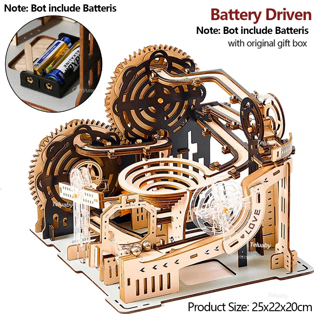 DIY Assemble 3D Wooden Puzzle Marble Run Set - Mechanical Model Building Kits for Adult Kids - STEAM Educational Toys and Gifts
