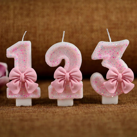 Pink 3D number tortu zdobenie sviečok roztomilý ružový luk digitálne sviečky koláč Topper narodeniny Party Day Party Cake Decor