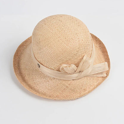 Luxo Petite Summer Sum Sun Hat Casa de Raffia com banda de cânhamo real Pacote macio de estilo moderno Fedoras Beach Hat