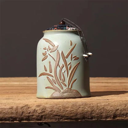 Japanese Creative Ceramic Hand-painted Embossed Tea Caddy Retro Handmade Storage Jar Coffee Beans Container Teaware Accessories