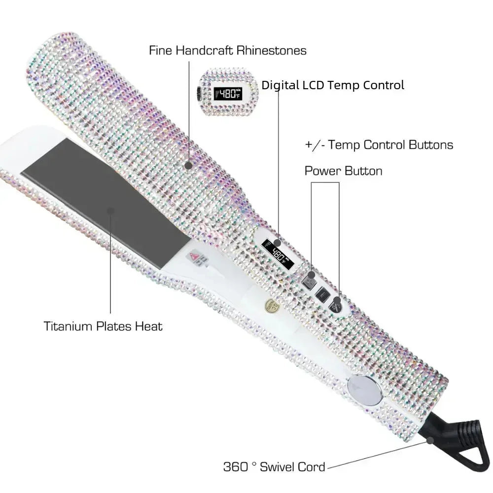 Rhinestone Flat Iron Titanium Hair Stretgræns Dual Voltage Iron Professional Hårværktøjer LCD Display 2 tommer PLATE -IRONER