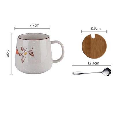 380ml Japanese Retro Style Coffee Mug With Handle Ceramic Breakfast Oats Milk Cups Home Teacup Water Mug With Lid And Spoon Gift