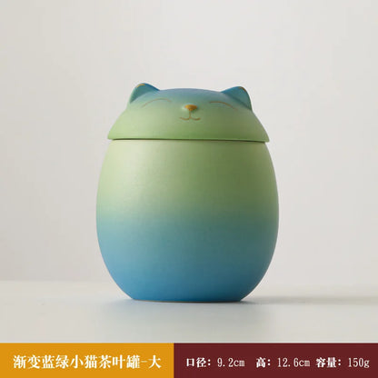 Fortune Cat Tea Canister Handmade Ceramic Gradient Color Tea Canister Sealing Jar Home Moisture Small Tea Warehouse