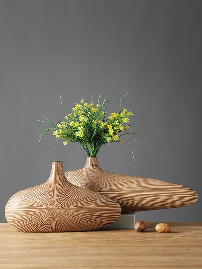 Modern Line Stripe Resin Vase Flower Arrangement Dried Flower Imitation Wood Vase Bookcase Desktop Decoration Crafts Furnishings