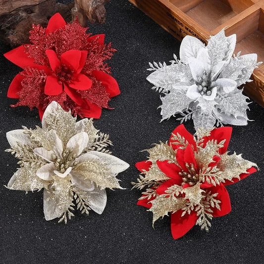 14 cm Glitzer künstlicher Weihnachtsblumen Weihnachtsbaum -Ornamente Frohe Weihnachtsdekorationen für das neue Jahr Geschenk zu Hause