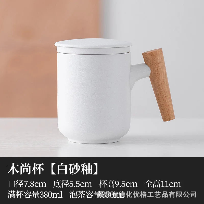380ml Teacup Mugs With Dustproof Lid Tea Filter Heat Resistant Tea Infuser Coffee Cup Infuser Filter Wooden Handle Personal Mug