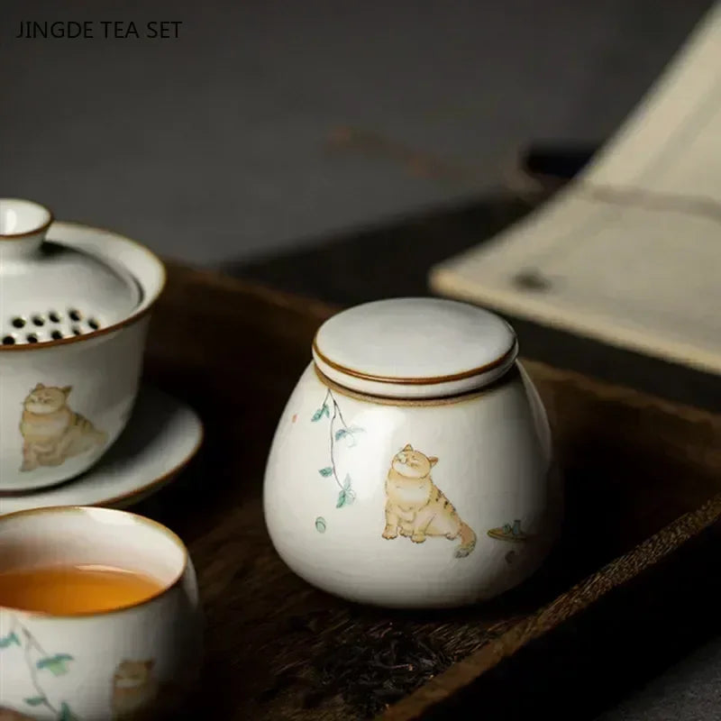 Retro Ru Kiln Ceramics Tea Caddy Cute Cat Pattern Portable Sealed Tea Leaf Containers Travel Tea Bag Storage Box Spice Organizer