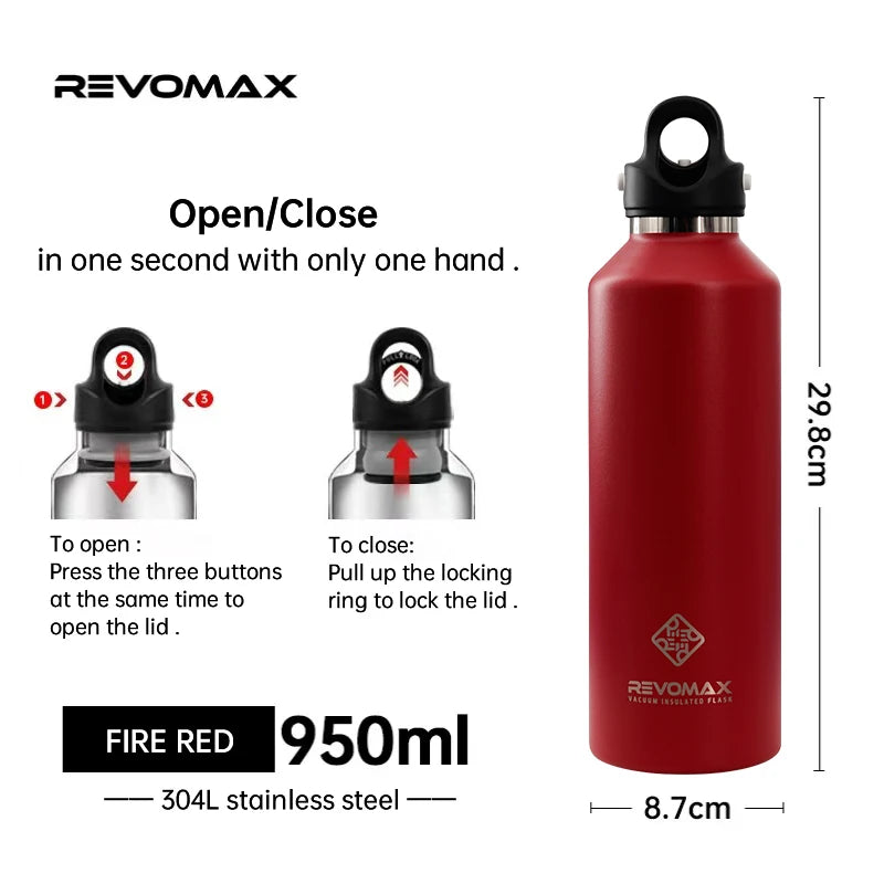 REVOMAX Large Capacity Stainless Steel Thermos Portable Vacuum Flask Insulated Tumbler With No Screw Lid Thermo Bottle 950ml