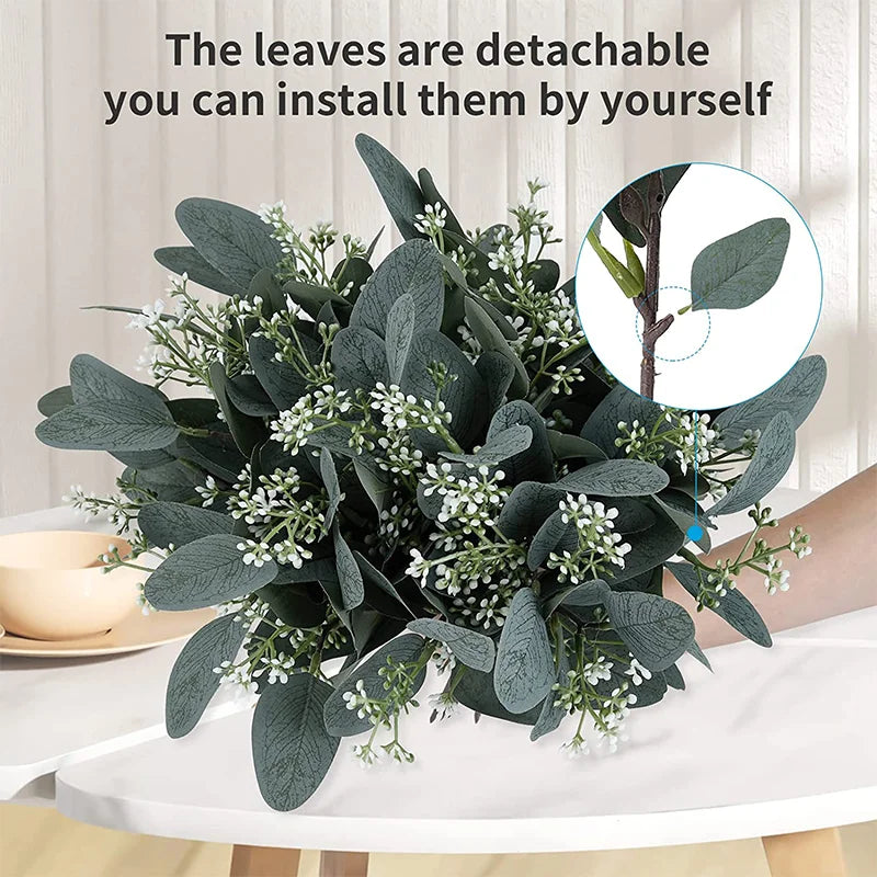 10 יחידות 12 אינץ 'אוקליפטוס משאיר ענף חבורה צמחי פלסטיק מלאכותיים משאיר גבעולים ירוקים חתונה פו פרחים מזויפים עוגת DIY DIY
