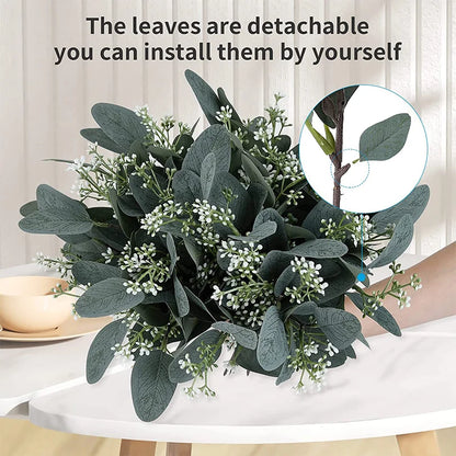 10pcs 12 ”liście eukaliptus gałąź gałąź sztuczne rośliny plastikowe liście zielone łodygi ślub sztuczne fałszywe kwiaty ciasto