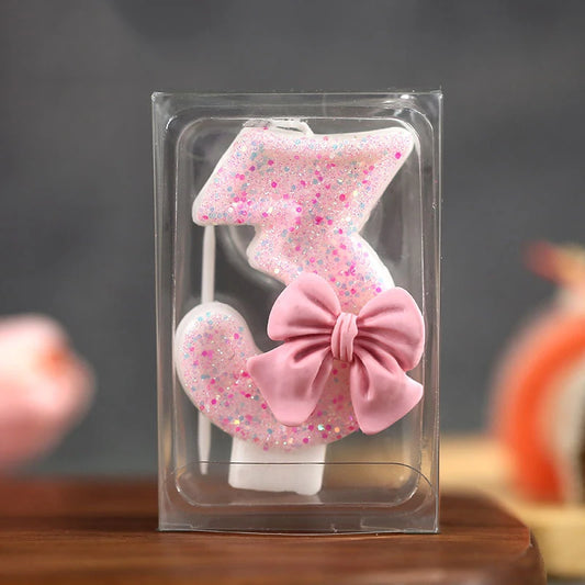 3D -Nummer Kuchen Dekorieren Kerzen Glitter Pink Bow Digitale Kerzen Kuchen Topper Geburtstagsfeier Memorial Day Party Kuchendekoration