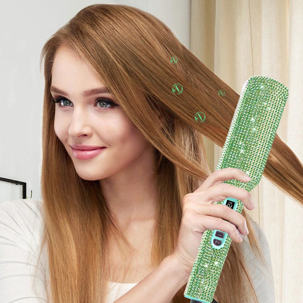 Rhinestone Flat Iron Titanium Hair Stretgræns Dual Voltage Iron Professional Hårværktøjer LCD Display 2 tommer PLATE -IRONER