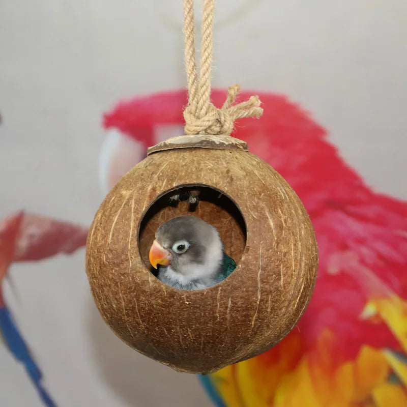 Naturlig kokosnøttskall fuglebur Parrot hus hekkende hus bur med hengende lanyard for små kjæledyr paraketer finches spurver