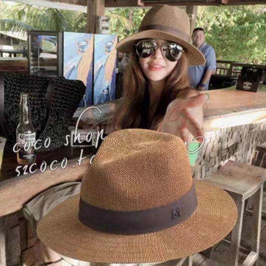 UV New Ladies Men Moda Letra M Straw Hat Hat Hat Panamá Primavera Casual Verão praia Classic Straw Jazz Basin Hat por atacado