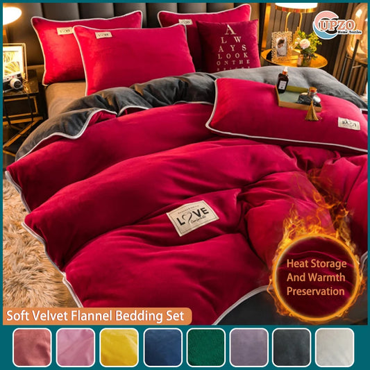 Conjunto de cama de flanela de veludo upzo Conjunto de roupas de coloração macia de cor sólida Conjunto de roupas de cama reversível macio quentes para o inverno （3pcs sem folha）