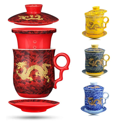 Chinese Dragon Pattern Tea-Mug with Strainer Infuser and Lid and Saucer Ceramic Tea Mug Convenient  Porcelain Personal Tea Cup