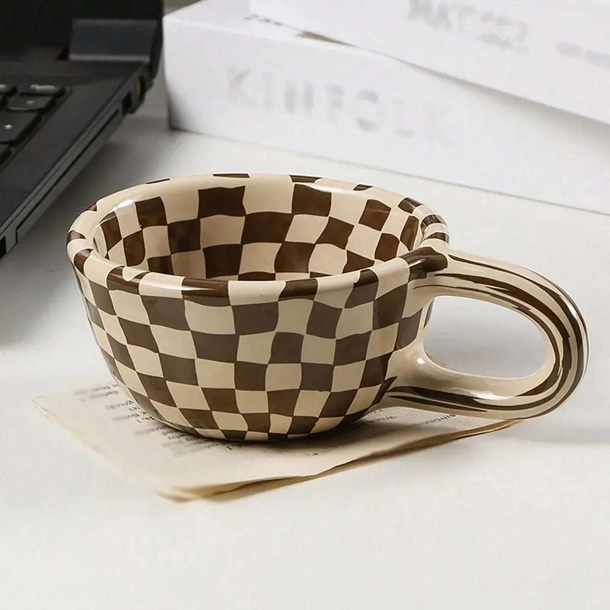 1pc Creative ceramic checkered pattern tea cup, irregular chessboard coffee cup