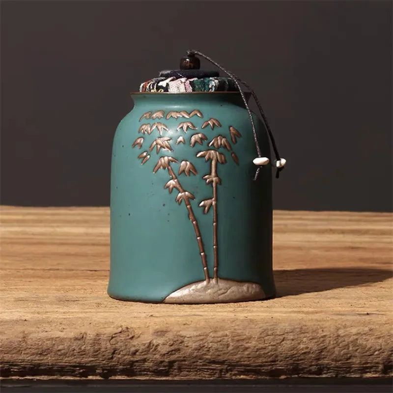 Japanese Creative Ceramic Hand-painted Embossed Tea Caddy Retro Handmade Storage Jar Coffee Beans Container Teaware Accessories