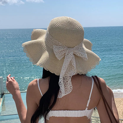 Dámský slaměný klobouk jaro a letní krajkové luk velký okraj prodyšné skládací sluneční čepice plážové čepice sladký rybářský klobouk