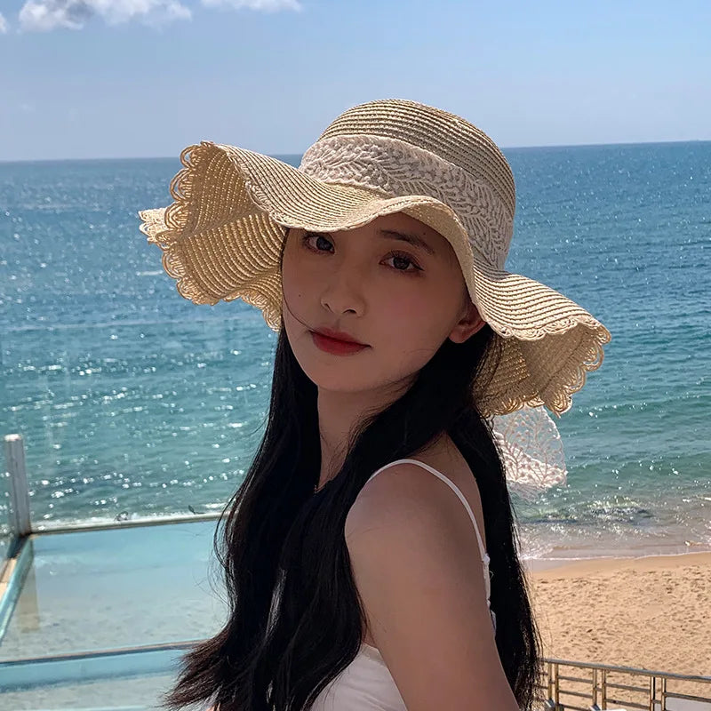 Słomka dla kobiet wiosna i letnia koronkowa łuk duży oddychany oddychany, składany okapy słoneczne czapki plażowe słodkie fisherman kapelusz s131