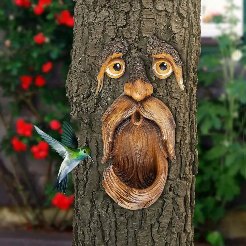 مضحك الرجل العجوز شجرة الوجه الحاضنة حديقة الفن في الهواء الطلق شجرة مسلية الرجل العجوز الوجه النحت غريب الأطوار شجرة الوجه حديقة الديكور