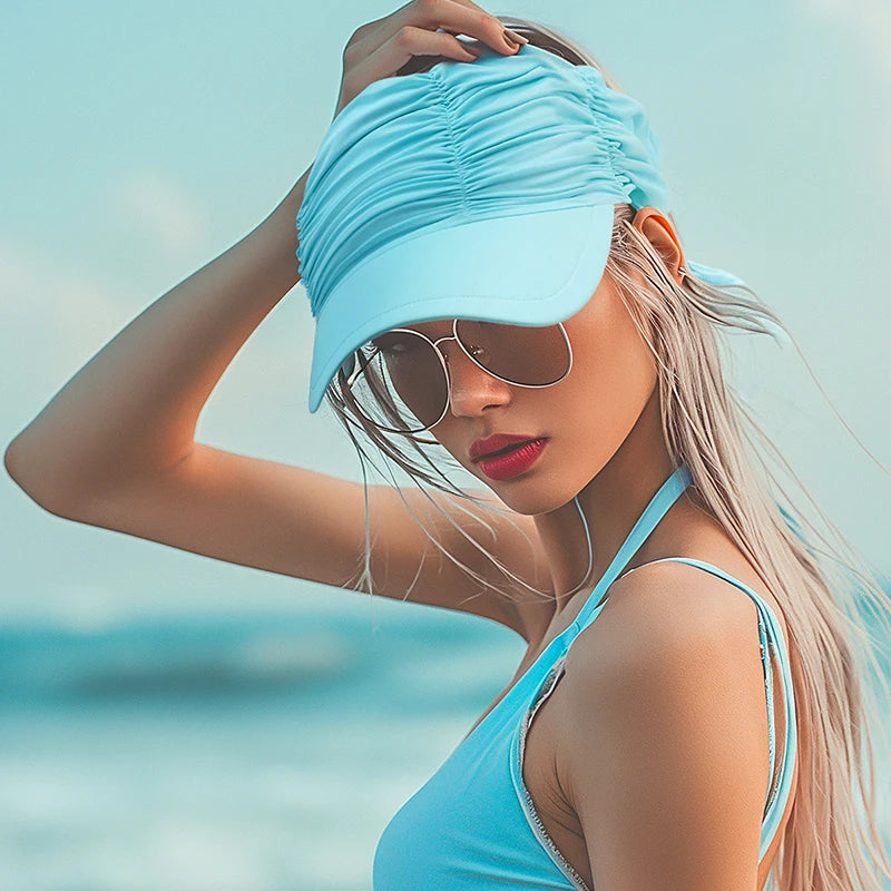 Mulheres Summer Summer Protection UV Brim larga viseira plissada vazia Top chapéu de chapéu de chapéu de rabo de cavalo esportes de praia ao ar livre de praia respirável