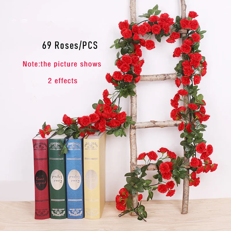 1 pcs פרחים מלאכותיים גפן 45 יחידות / 69 יחידות רוז DIY קישוט לחתונה פרח מזויף חדר בית תפאורה קיר תלויה צמחי זר