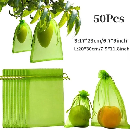 50pcs bunt munn organza snor hage fuglisolje netto fruktbeskyttelsesveske mesh frukt voksende veske