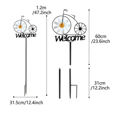 Outdoor Iron Sunflower Windmill Creative Garden Welcome Stake Ornament Bicycle Wind Spinners Garden Yard Lawn Windmill Decor