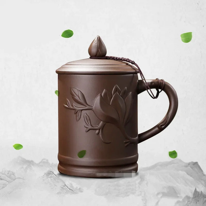 Yixing Purple Clay Tea Cups with Lid, Drinkware Purple Grid Teacup, Chinese Zisha Kung Fu Tea Mug, Office Teaware