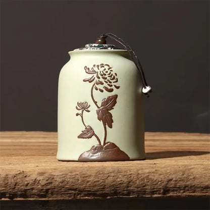 Japanese Creative Ceramic Hand-painted Embossed Tea Caddy Retro Handmade Storage Jar Coffee Beans Container Teaware Accessories