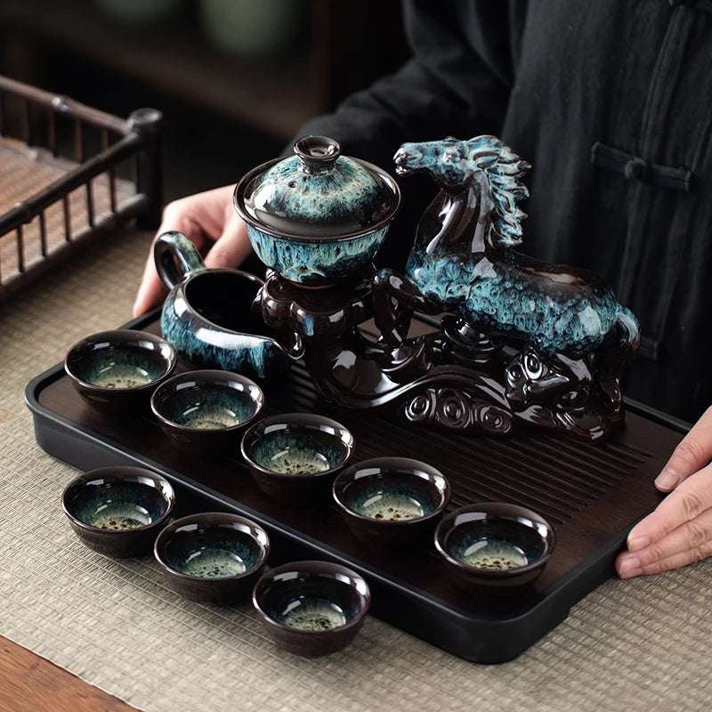 1 set of creative lazy tea set, semi-automatic horse teapot, magnetic rotating water guide tea set, Chinese Kung Fu tea set