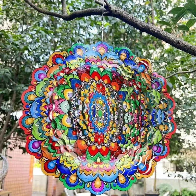3D Mandala de giro de vento colorido de 12 polegadas de 12 polegadas Grilhão de vento giratório de 12 polegadas de 12 polegadas de metal de pavão