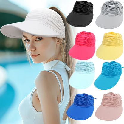 Mulheres Summer Summer Protection UV Brim larga viseira plissada vazia Top chapéu de chapéu de chapéu de rabo de cavalo esportes de praia ao ar livre de praia respirável